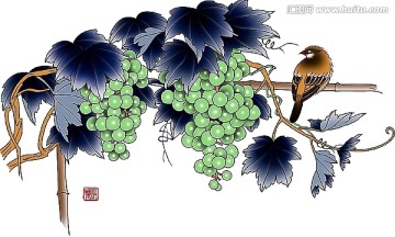 國畫葡萄花鳥（通道分層）