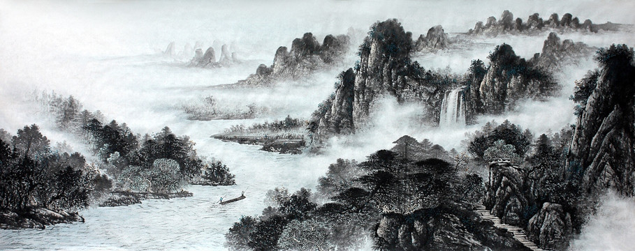 國畫淡彩山水畫