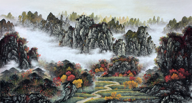 國畫秋景山水畫