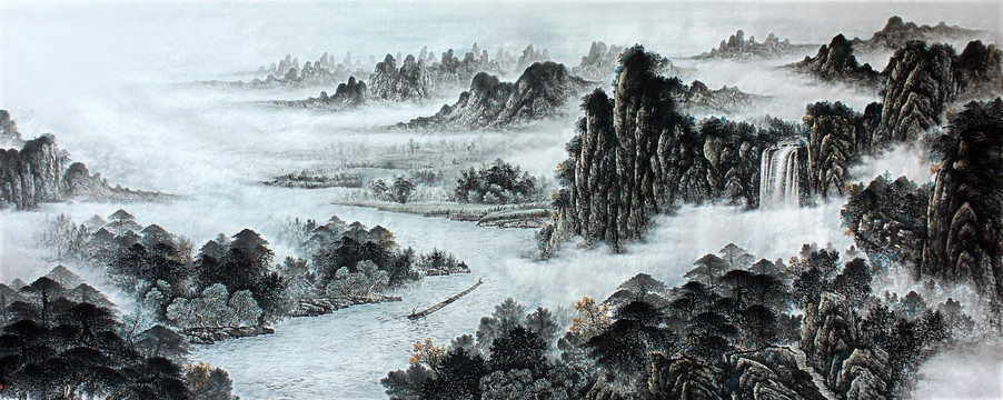 國畫淡彩山水畫