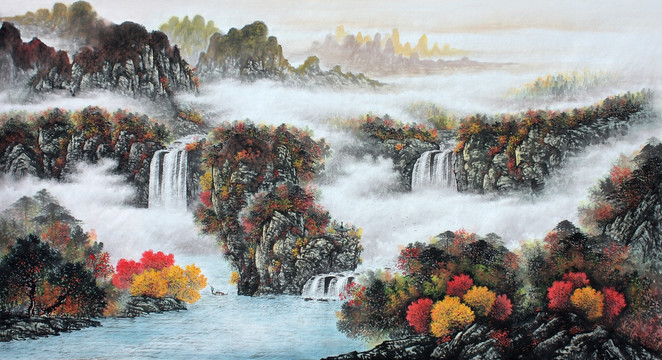 國畫秋景山水畫