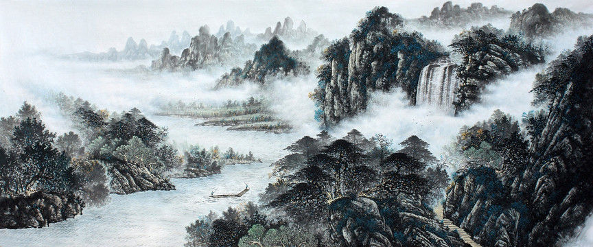 國畫淡彩山水畫