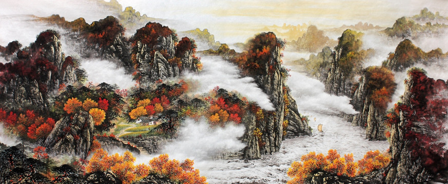 國畫秋景山水畫