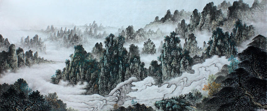 國畫淡彩山水畫