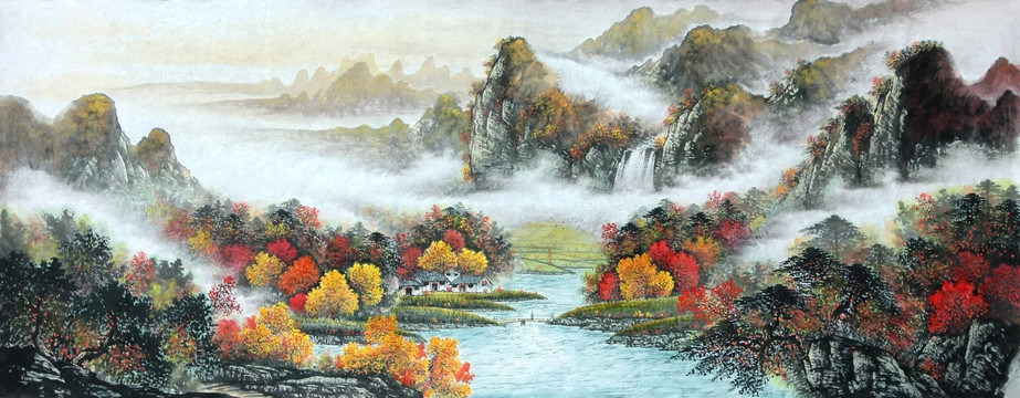 國畫秋景山水畫