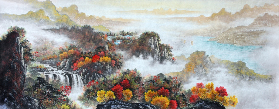 國畫秋景山水畫