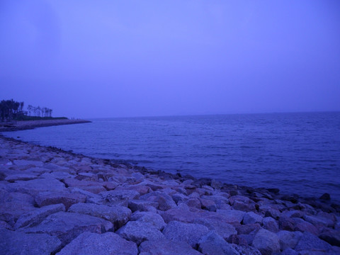 夜色 海堤 大海