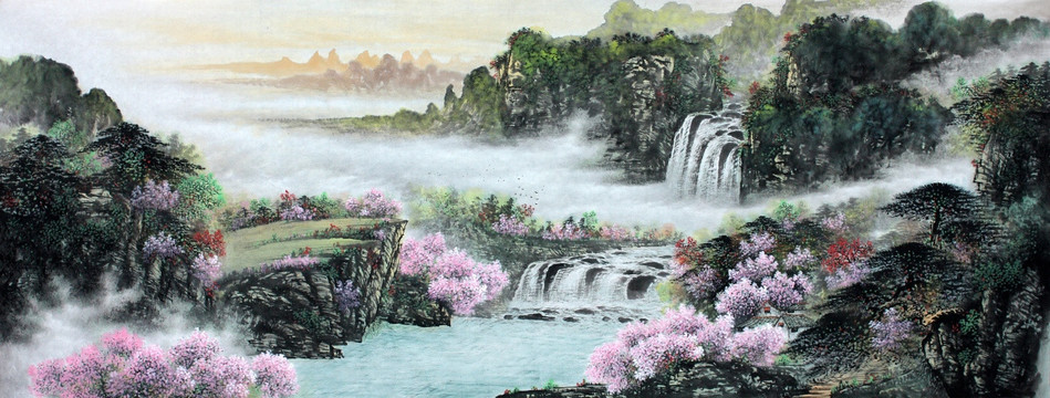 国画春景山水画