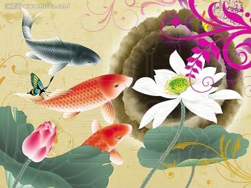 無框畫 鯉魚 荷花