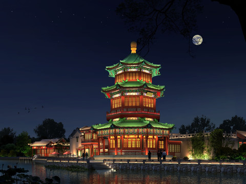 古建筑夜景效果圖