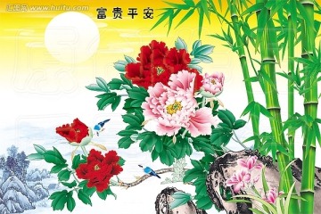 牡丹花 竹 山水画