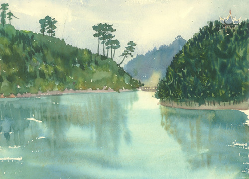 貴陽黔靈湖水彩畫