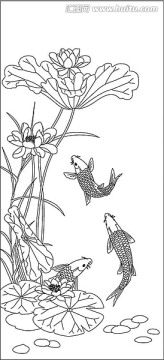 荷花鯉魚雕刻圖