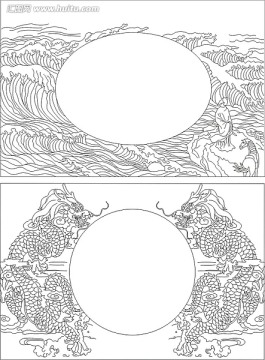 浴鏡裝飾鏡矢量雕刻圖案 雙龍戲珠 觀滄海