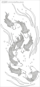 矢量圖雕刻圖線條圖 九魚圖 鯉魚