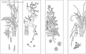 玻璃雕刻圖矢量圖線條圖 梅蘭竹菊玄關(guān)