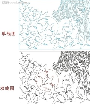 玻璃雕刻圖矢量圖線條圖 百鳥歸巢 單線圖 雙線圖