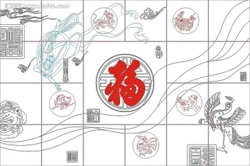 玻璃雕刻圖矢量圖線條圖 全家福 十二生肖