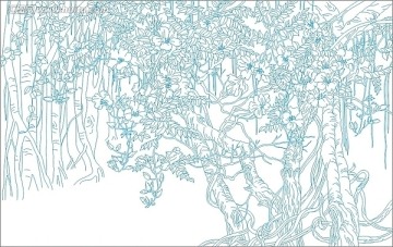 藝術(shù)玻璃雕刻圖線條圖矢量圖 古老大樹