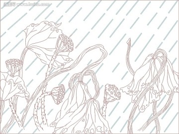 藝術(shù)玻璃雕刻圖線條圖矢量圖 雨中蓮藕 雨荷
