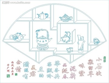 藝術(shù)玻璃雕刻圖矢量圖線條圖 茶道 茶壺博古架