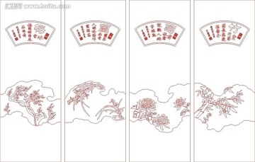 藝術(shù)玻璃雕刻圖矢量圖線條圖 梅蘭竹菊