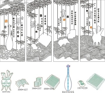 藝術(shù)玻璃雕刻圖矢量圖線條圖 琴棋書畫 水切割
