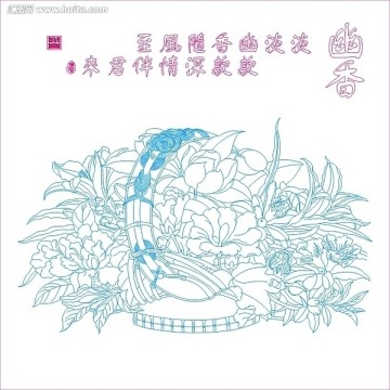 藝術(shù)玻璃雕刻圖矢量圖線條圖 幽香 花籃