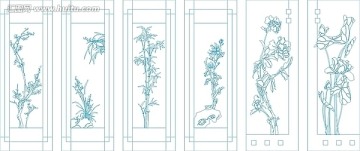 藝術(shù)玻璃雕刻圖矢量圖線條圖 梅蘭竹菊牡丹荷花