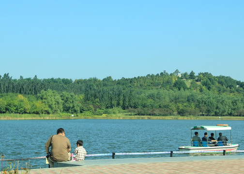 森林公园  湖边小景 父女观湖