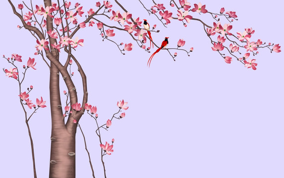 紫玉蘭花和紅色小鳥