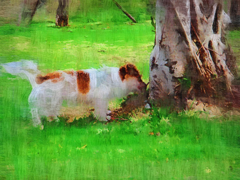 油画 草地上的小狗