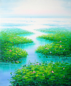 荷塘 油畫 藍(lán)色小溪 大海 （合層）