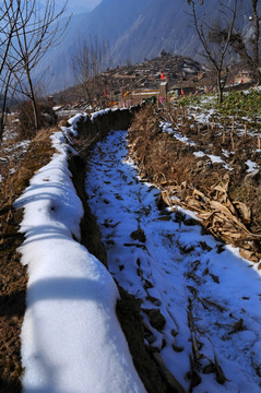 汶川萝卜寨田园土墙雪景