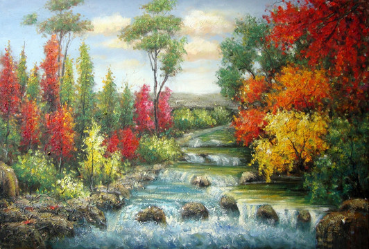 天空 烏云 紅葉 小溪 石頭 楓葉 風(fēng)景