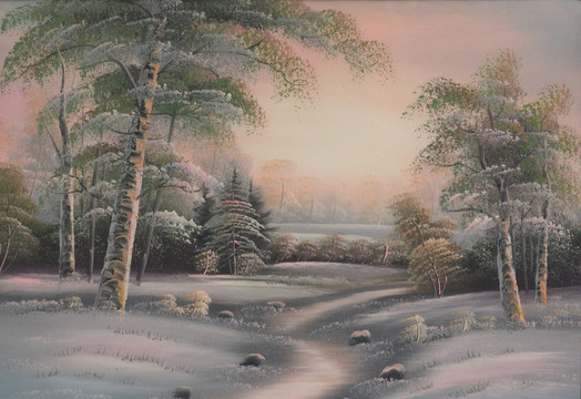大雪 風(fēng)景油畫 日落 松樹 雪景