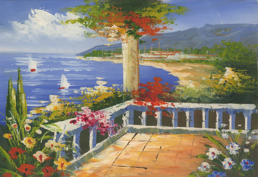 地中海 油畫 風(fēng)景油畫 現(xiàn)代油畫 大海 海浪 帆船 海灘