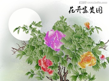 巨幅分层手绘壁画 花开富贵