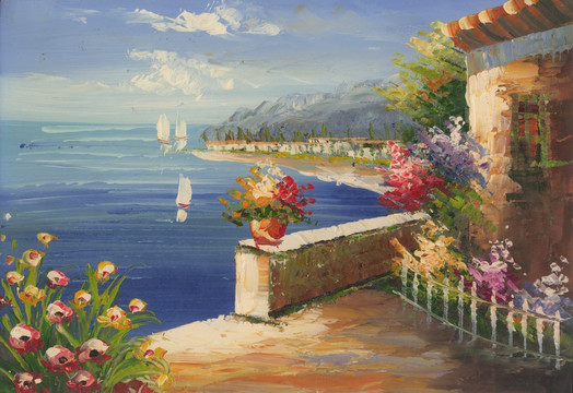 无框画 花卉 油画 地中海 风景油画 大海 装饰画