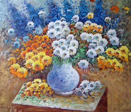 装饰画 无框画 印象油画 古典花卉 现代油画 花瓶 田园风格