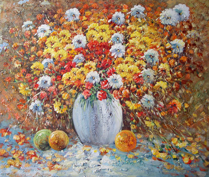 裝飾畫(huà) 無(wú)框畫(huà) 花卉 油畫(huà) 菊花 插花 田園油畫(huà) 花瓶