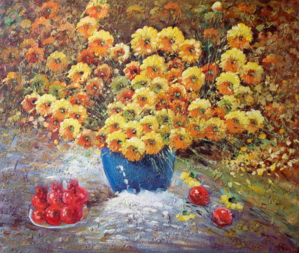 裝飾畫 花卉 無框畫 油畫 印象畫 菊花 野花 插花