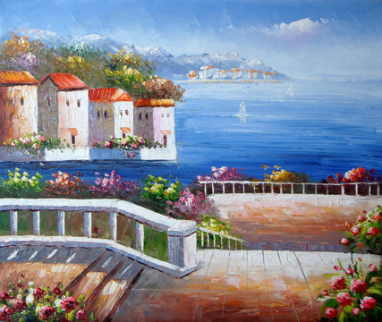 风景画 地中海 装饰画 无框画 油画 欧式 美式风格