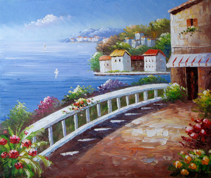 地中海 风景画 油画 装饰画 无框画 欧式 欧式房屋 田园