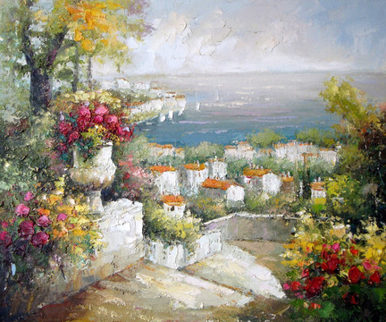 裝飾畫(huà) 地中海 無(wú)框畫(huà) 風(fēng)景畫(huà) 大海 花卉 古典