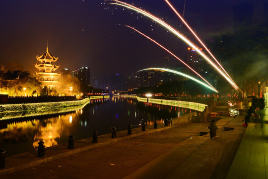 成都望江楼夜景锦江烟花