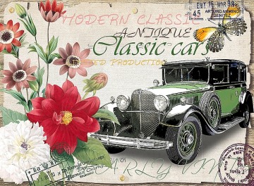 老爺車 歐美風(fēng)格 無框畫 裝飾畫 花卉 蝴蝶