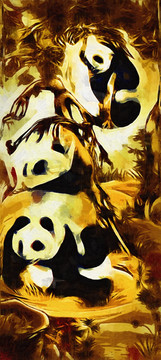 油画 抽象熊猫 国宝猫 竹林
