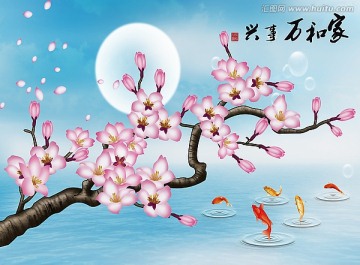 桃花 電視背景墻 家和萬(wàn)事興