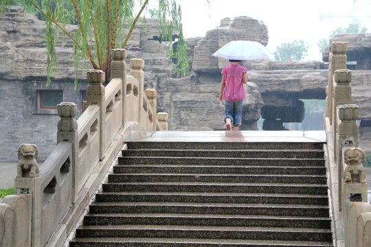 雨天北宁公园绿地湖水石桥